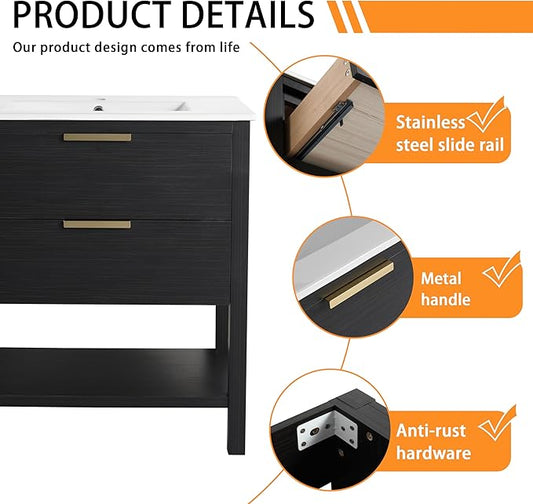30'' Freestanding Bathroom Vanity, 30 Inch Floor Stand Bathroom Vanity with Sink, Single Ceramic Sink Cabinet Set, Modern Storage Cabinet, with Soft Closing Drawers, Storage Shelf, 01030BCTG