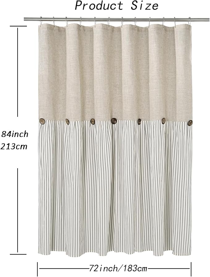 DOSLY Ides Farmhouse Shower Curtain, Beige and Gray Stripe, Button Curtain, Linen and Cotton Woven Fabric, Rustic Charm Country Chic Style, 72x84 in