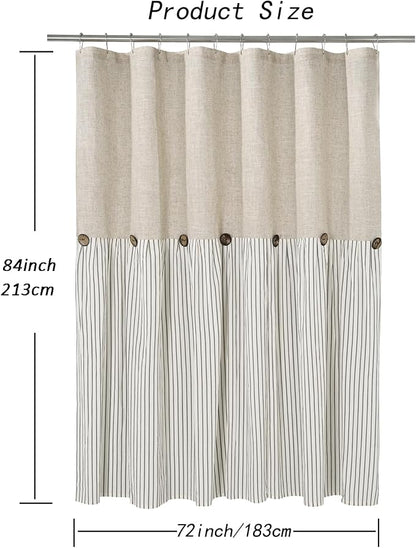 DOSLY Ides Farmhouse Shower Curtain, Beige and Gray Stripe, Button Curtain, Linen and Cotton Woven Fabric, Rustic Charm Country Chic Style, 72x84 in