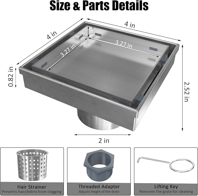 4 Inch Square Shower Drain with Tile Insert Grate, Brushed | SUS 304 Stainless Steel, Removable Grate & Hair Strainer Design, for Bathroom, Kitchen, Balcony, Garage, Basement, Toilet
