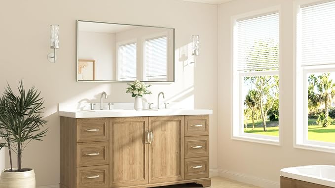 Brushed Nickel Mirror 55" x 30" Beveled Framed Bathroom Vanity Wall Mirror for Over Sink Brushed Nickel, Tempered Glass, Modern Farmhouse Bedroom, Entryway, Living Room