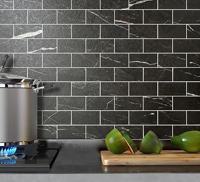 AULIGET Faux Stone Backsplash Peel and Stick PVC Tile, 3 Inch x 6 Inch Black Marble with White Grout Stick on Tiles for Backsplash, Pack of 4