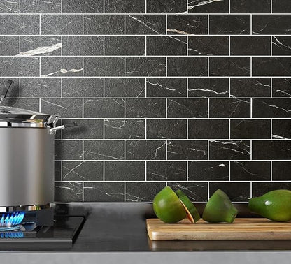 AULIGET Faux Stone Backsplash Peel and Stick PVC Tile, 3 Inch x 6 Inch Black Marble with White Grout Stick on Tiles for Backsplash, Pack of 4