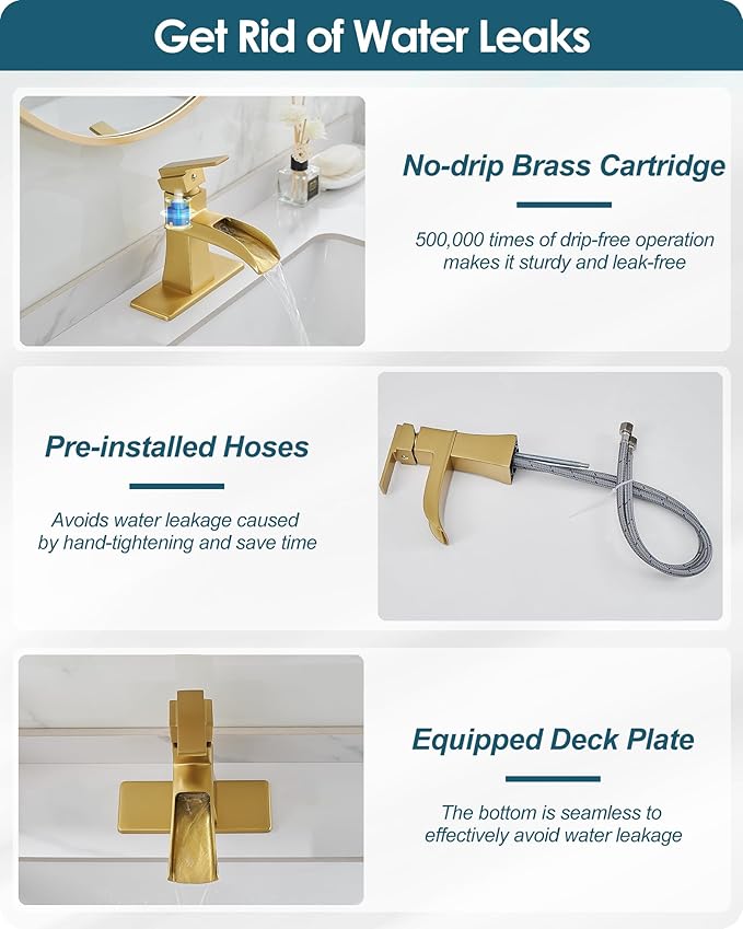 Gold Bathroom Sink Faucet 1 Hole, Brass Waterfall Faucet for Bathroom Sink, 4 Inch 3 Hole with Single Handle, Deck Plate & cUPC Water Hoses for Antique Vanity Lavatory, Not Included Pop-up Drain