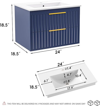 24" Bathroom Vanity with Sink, Floating Vanity Bathroom Sink Cabinet Wall Mount, Soft-Close Function 2 Large Drawers, Grooved Stripe Design, Hidden Damping Drawers, Blue