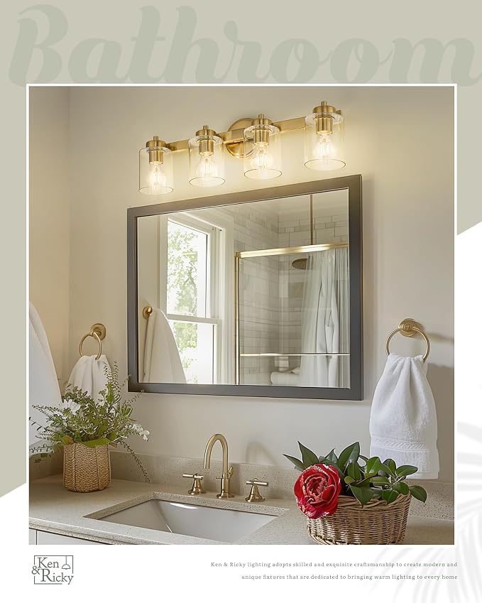 Ken & Ricky 4 Light Brushed Gold Bathroom Vanity Lights Fixtures | Over Mirror,Modern Wall Sconce,E26，Clear Glass Shades For Living Room Bedroom Entryway