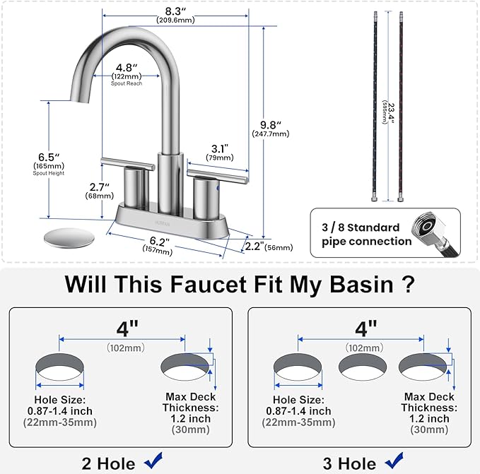 Hurran 4 Inch Bathroom Faucet for Sink 3 Hole, Brushed Nickel Bathroom Faucet with Pop-up Drain and 2 Supply Hoses,Stainless Steel Lead-Free 2-Handle Centerset Faucet for Sink Vanity RV