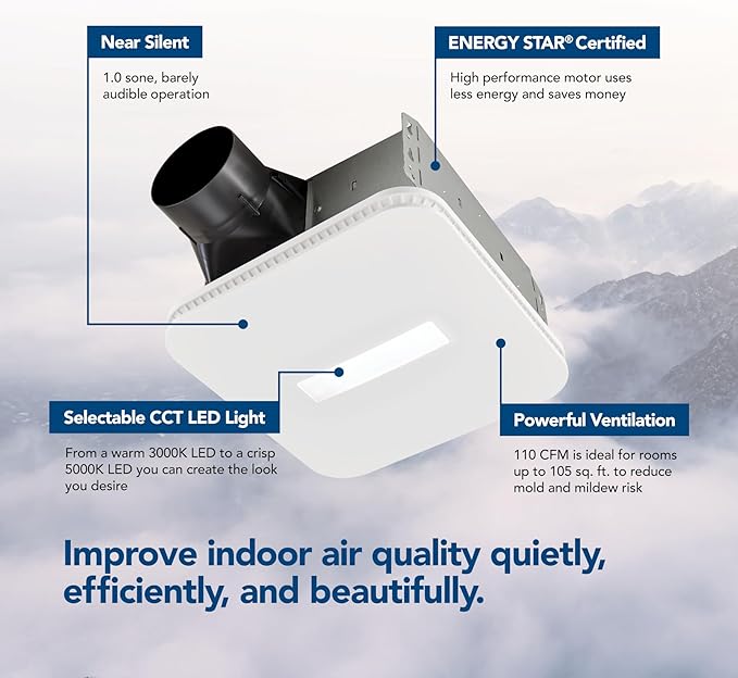 Broan-NuTone Bathroom Exhaust Fan – Retrofit Design Replaces Existing Fan Without Attic Access, Quiet 1.0 Sones, 110 CFM, Powerful Ventilation with 4 Selectable CCT Light Settings for a Modern Look