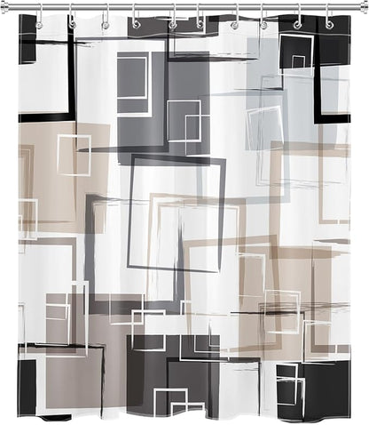 Black and Tan Geometric Shower Curtain with Hooks, Grey and White Abstract Striped on White Fabric Shower Curtain for Bathroom Decor Modern Minimalist Shower Curtain Set,72L X 60W inches