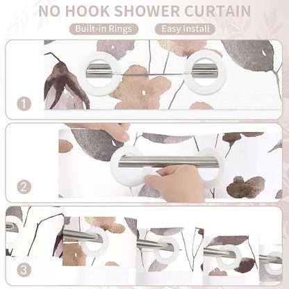 Litabel No Hook Brown Watercolor Floral Shower Curtain and Liner Set, 72x80 | Spring Flower Shower Curtains with Snap-in Liner for Farmhouse Bathroom Decor, Botanical Bathroom Curtain with Leaves