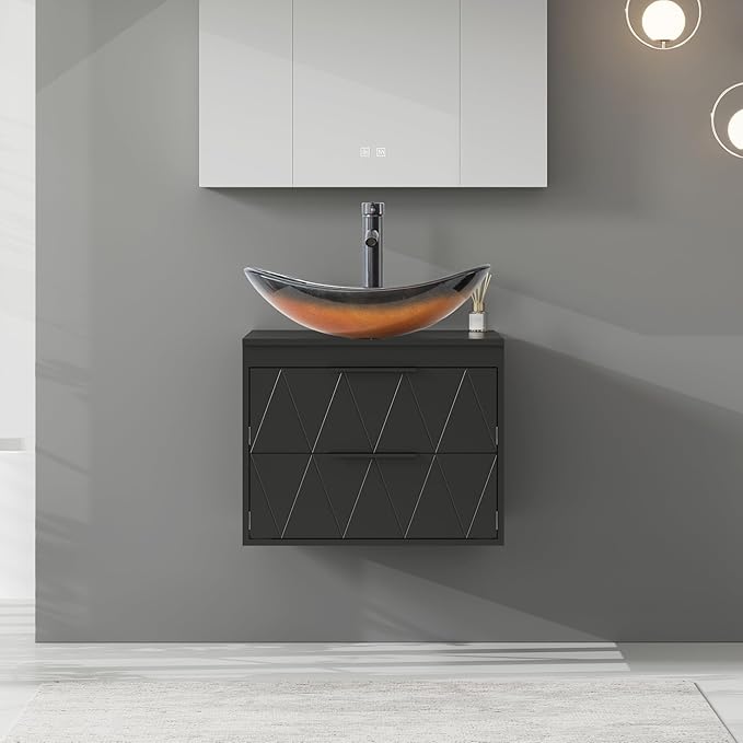 eclife 24" Floating Bathroom Vanities with Sink Combo, Wall Mounted Modern Cabinet W/Diamond Line Pattern Design, Brown Boat Glass Vessel Sink W/Water Save Faucet & Pop Up Drain, Black