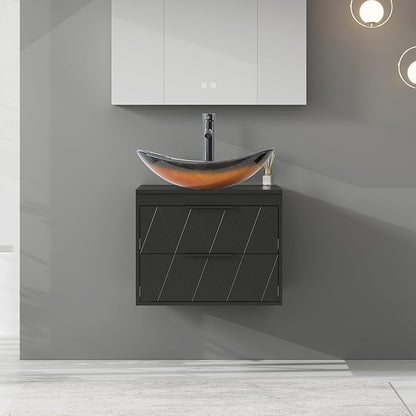 eclife 24" Floating Bathroom Vanities with Sink Combo, Wall Mounted Modern Cabinet W/Diamond Line Pattern Design, Brown Boat Glass Vessel Sink W/Water Save Faucet & Pop Up Drain, Black