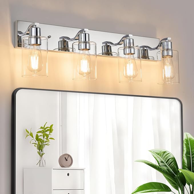 4 Lights Bathroom Light Fixtures Chrome Vanity Light with Clear Glass Shade 30in Modern Bathroom Lighting Fixtures Over Mirror for Bedroom/Living Room