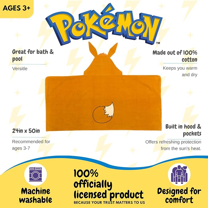 Pokemon Eevee Kids Super Soft Bath/Pool/Beach Soft Cotton Terry Hooded Towel Wrap, 24 in x 50 in, (Officially Licensed Product) By Franco