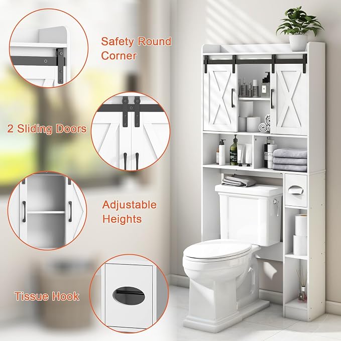 Vabches Over The Toilet Storage Cabinet with Sliding Doors, White | Farmhouse Storage Cabinet Over Toilet, Home Space-Saving Toilet Rack, Toilet Paper Holder Stand,for Restroom,Bathroom,Laundry