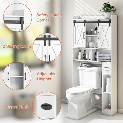 Vabches Over The Toilet Storage Cabinet with Sliding Doors, White | Farmhouse Storage Cabinet Over Toilet, Home Space-Saving Toilet Rack, Toilet Paper Holder Stand,for Restroom,Bathroom,Laundry