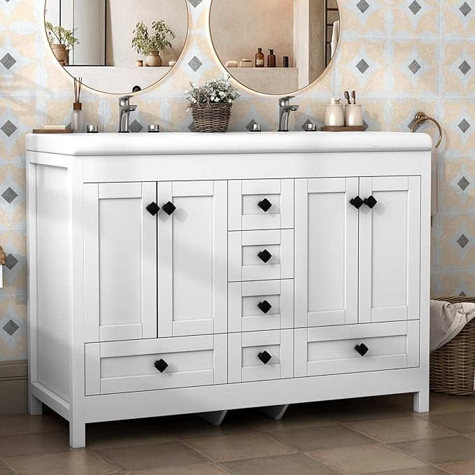 46.7 inch Bathroom Sink Vanity Combo, Large Freestanding Double Bath Vanity Sink Set with 2 Cabinets & 6 Drawers, Dual Basin Modern Bathroom Storage Cabinet, Modern White