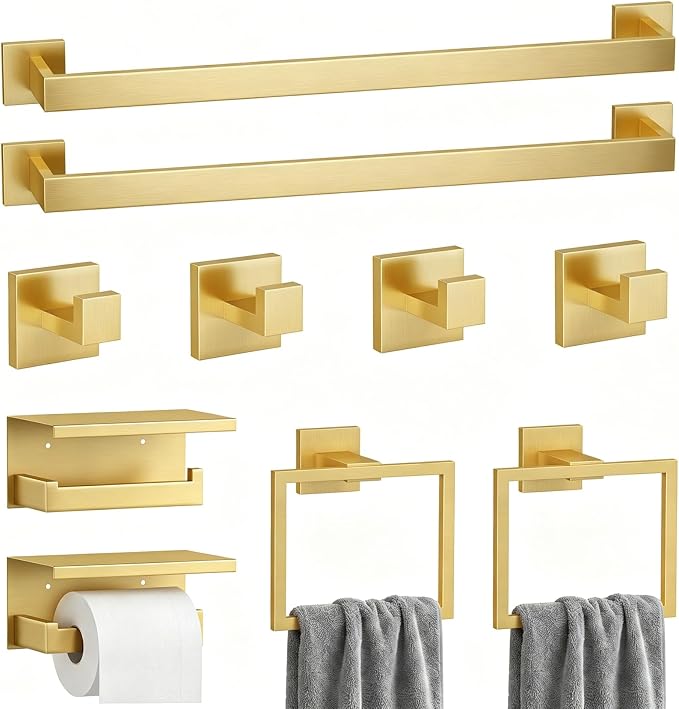10-Piece Brushed Gold Bathroom Hardware Set SUS304 Stainless Steel, 2×23.6" Towel Bars, 2 Towel Rings, 2 Toilet Paper Holders & 4 Towel Hooks Wall Mounted Bathroom Accessories Set
