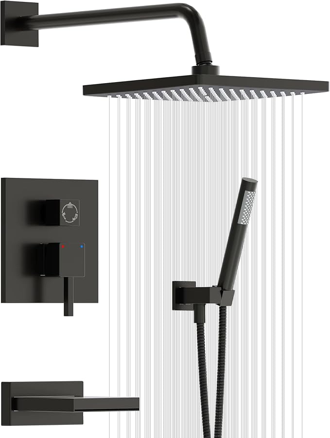 Esnbia Shower System with Tub Spout,Black Bathtub Shower Faucet Set,10 Inches Rain Shower Heads with Handheld Spary Combo, Tub Shower Kit with 3-Way Shower Valve, Matte Black