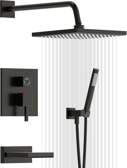 Esnbia Shower System with Tub Spout,Black Bathtub Shower Faucet Set,10 Inches Rain Shower Heads with Handheld Spary Combo, Tub Shower Kit with 3-Way Shower Valve, Matte Black