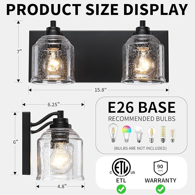Vanity Lights for Bathroom Large 15.8", Farmhouse Rustic Vanity Light with Bubble Glass Shades, Black 2 Light Bathroom Lighting Fixtures Over Mirror, Bath Wall Sconce Home Decor