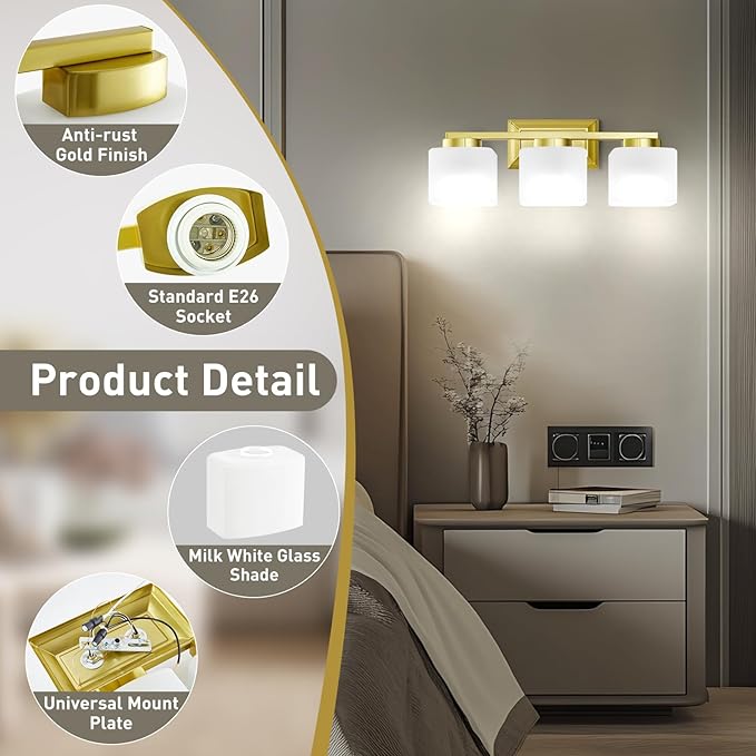 3-Light Bathroom Light Fixtures - Gold Bathroom Vanity Lights with Glass Shade Modern Bathroom Lighting Fixtures Over Mirror - Wall Sconce Lamps for Bedroom,Living Room,Hallway