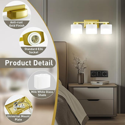 3-Light Bathroom Light Fixtures - Gold Bathroom Vanity Lights with Glass Shade Modern Bathroom Lighting Fixtures Over Mirror - Wall Sconce Lamps for Bedroom,Living Room,Hallway