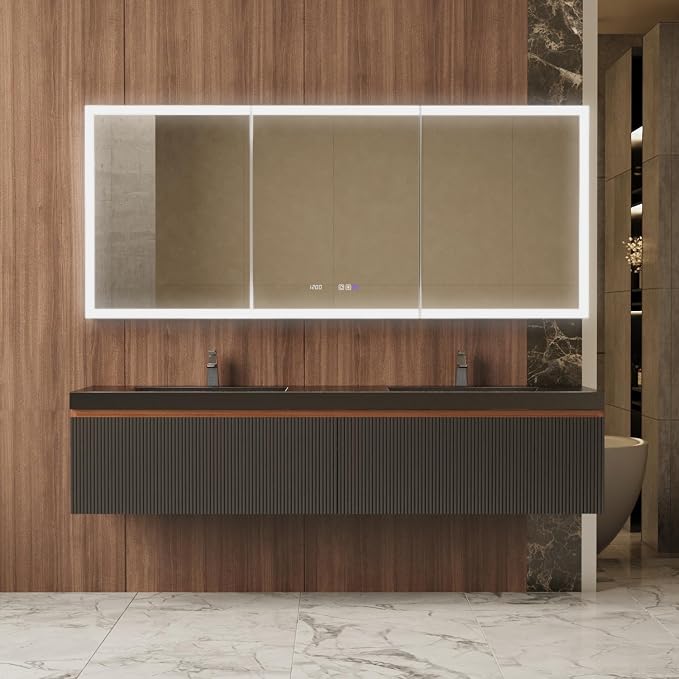 72 in. W Smart Lighted Medicine Cabinet with Mirror for Bathroom, Recessed/Surface Mount Medicine Cabinet with Anti-Fog, 1800W Charging Station, USB Ports, 3 Color Lights