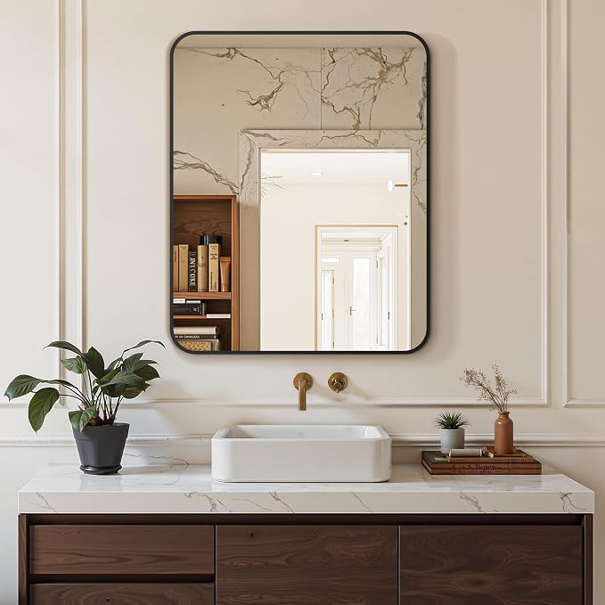 Bathroom Vanity Mirror, Black Framed Mirror for Over Sink, 30x24 | HD glass, distortion-free for makeup and grooming, Sturdy frame, all mounting hardware, hangs horizontal or vertical