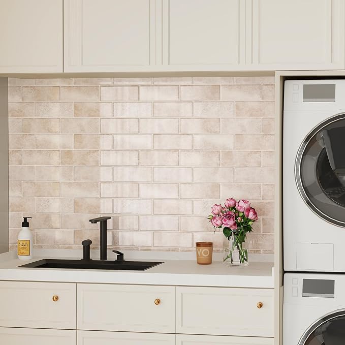 VEELIKE Beige Peel and Stick Backsplash Tile for Kitchen Wall Waterproof Self Adhesive Subway Tile Backsplash 12''x12'' 6 Sheets Renter Friendly Back Splash Stick on Tiles for Bathroom Laundry Room
