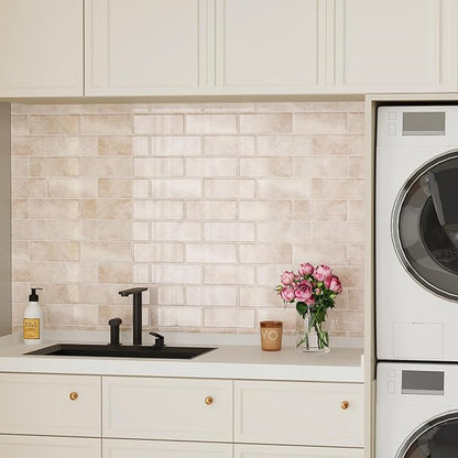 VEELIKE Beige Peel and Stick Backsplash Tile for Kitchen Wall Waterproof Self Adhesive Subway Tile Backsplash 12''x12'' 6 Sheets Renter Friendly Back Splash Stick on Tiles for Bathroom Laundry Room