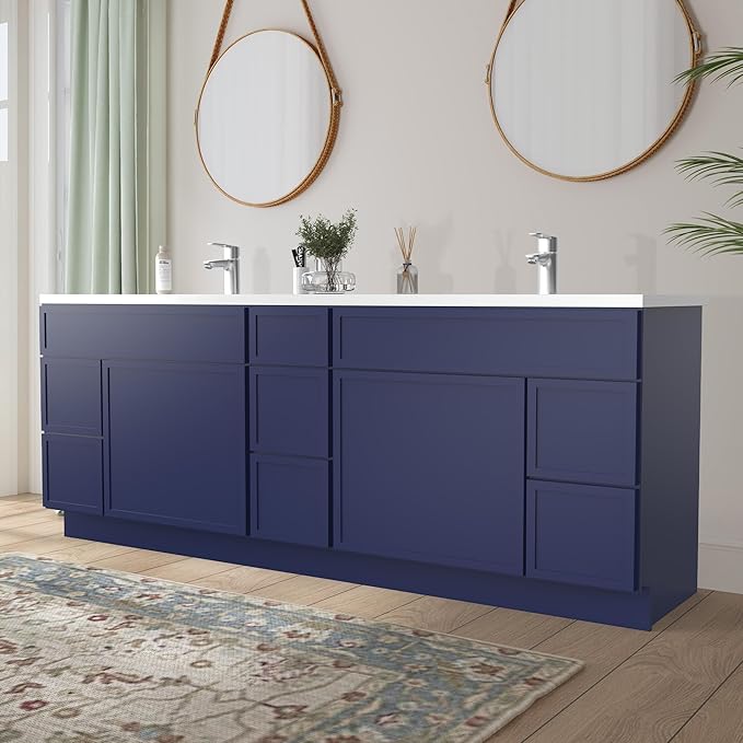 HomeBeyond 84 Inches Bathroom Vanity Base Cabinet Without Sink, Double Sink Top with Door & Soft Closing Drawers, Sturdy Floor Mounted Cabinet 2-Door 7-Drawer, Blue
