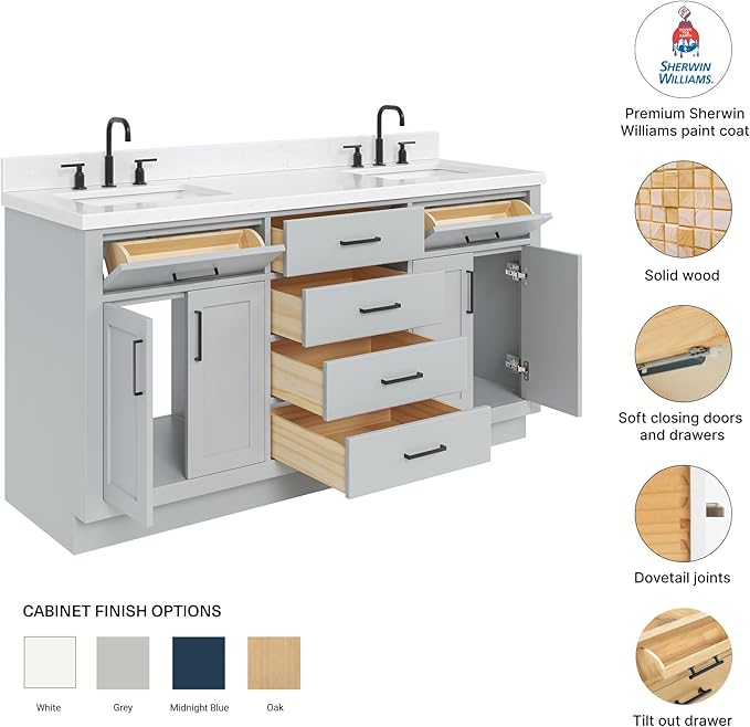DKB Isabella 66" Grey Double Bathroom Vanity with Sink and Countertop, 1.5" Edge Carrara Quartz Top, Double Rectangular Sinks, 4 Soft Closing Doors, 6 Dovetail Drawers