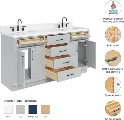 DKB Isabella 66" Grey Double Bathroom Vanity with Sink and Countertop, 1.5" Edge Carrara Quartz Top, Double Rectangular Sinks, 4 Soft Closing Doors, 6 Dovetail Drawers