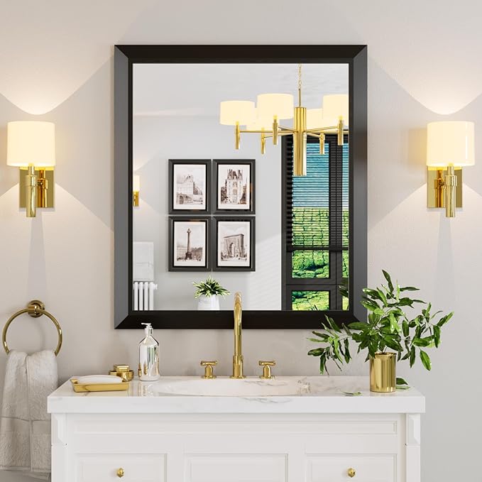 Black Bathroom Mirror, 36x32 Inch | Thick Metal Framed, HD Reflection, Anti-Rust, Hang Horizontally/Vertically, Suitable for Vanity, Bedroom, Bathroom, Entryway
