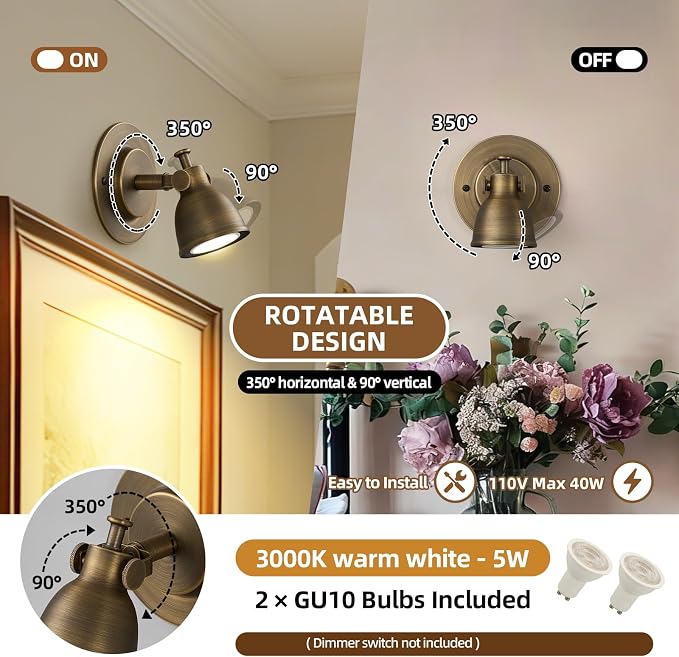 Bronze Small Wall Sconce Hardwired Set of 2 - Vintage Brass Mini Bell Light | Adjustable Art Deco Fixture with Dimmable Bulb, for Bedside Reading Bedroom Hallway Kitchen Bathroom Vanity Picture Light