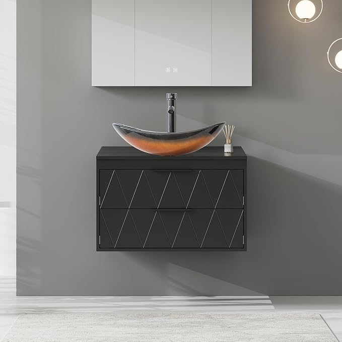 eclife 30" Floating Bathroom Vanities with Sink Combo, Wall Mounted Modern Cabinet W/Diamond Line Pattern Design, Brown Boat Glass Vessel Sink W/Water Save Faucet & Pop Up Drain, Black
