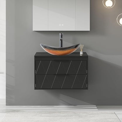eclife 30" Floating Bathroom Vanities with Sink Combo, Wall Mounted Modern Cabinet W/Diamond Line Pattern Design, Brown Boat Glass Vessel Sink W/Water Save Faucet & Pop Up Drain, Black
