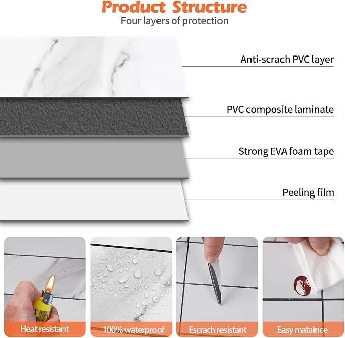 80-Piece Marble White Thick PVC Peel and Stick Backsplash, 2" x 8" Waterproof Subway Tile Peel and Stick Wall Tiles for Kitchen and Bathroom