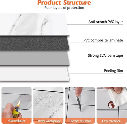80-Piece Marble White Thick PVC Peel and Stick Backsplash, 2" x 8" Waterproof Subway Tile Peel and Stick Wall Tiles for Kitchen and Bathroom