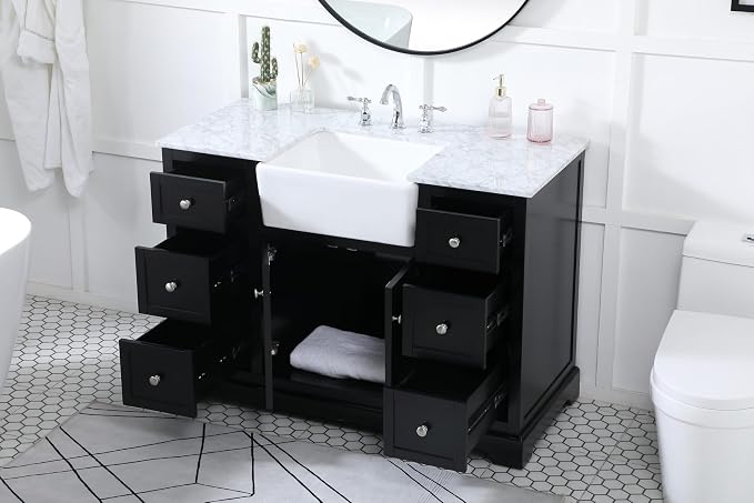 48" Pre-Assembled Bathroom Vanity with Sink, Solid Birch and MDF, Carrara White Marble Countertop Attached, Single Rectangle Porcelain Sink, 6 Soft-Close Drawers, Black