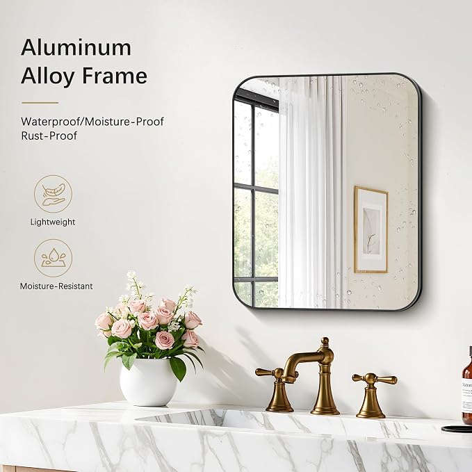 DESBING 16"x20" Bathroom Mirror for Over Sink, Black Framed Wall Mirror | High-Definition Shatterproof Vanity Mirror with Rounded Corner for Bedroom Living Room Entryway Horizontally or Vertically