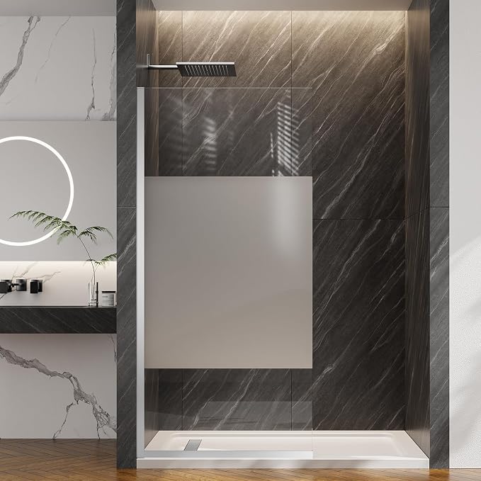 Shower Screen 36" x 76" Shower Wall Panel Chrome Middle Frosted | Tempered Glass 3/8 inch, Half Frameless Shower Wall Panel, Easy to clean Coating, Fixed Glass Shower Door With Hardware