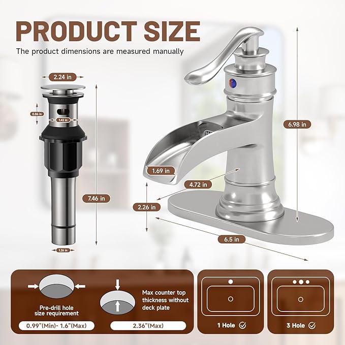 Waterfall Bathroom Faucet Bathroom Sink Faucet Farmhouse Single Handle 1 Hole with Pop Up Drain Assembly Vanity Water Supply Hose, Brushed Nickel