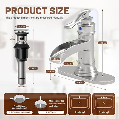 Waterfall Bathroom Faucet Bathroom Sink Faucet Farmhouse Single Handle 1 Hole with Pop Up Drain Assembly Vanity Water Supply Hose, Brushed Nickel