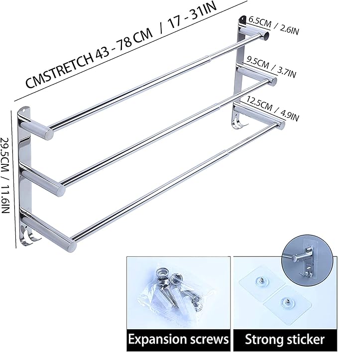 Towel Bars Hanger Freely Retractable 20-30 Inche Stainless Steel 304 Bath Rack Strong 3M Adhesive Bathroom Wall Free mounting Hole-Installing washroom Kitchen Space Saving 3 Bars