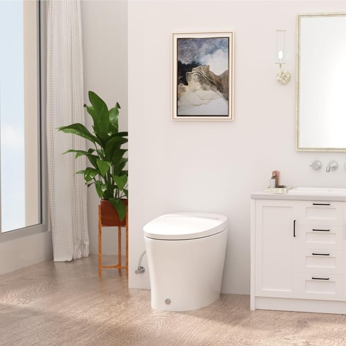 R&T W5100S Tankless Smart Toilet Touchless Auto Flush 1.28-GPF Battery-Operated One-Piece HET Intelligent Toilet for Bathroom, Foot Kick & Manual, Without Bidet