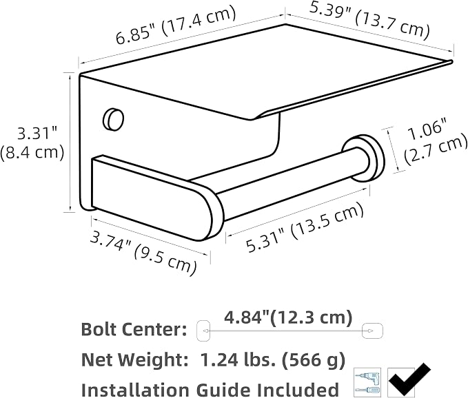 Toiler Paper Holder with Phone Shelf, Brushed Nickel, Wall Mounted | 304 Stainless Steel, Rust-resistant Tissue Holder for Bathroom Restroom Powder Room, Stable Paper Roll & Phone Storage