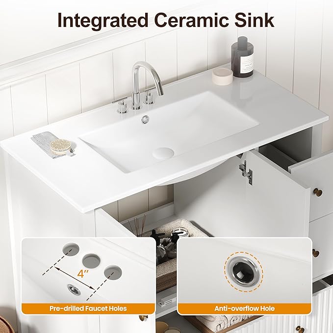 RoyalCraft 36'' Bathroom Vanity with Ceramic Sink Combo Set, Modern Wood Bathroom Cabinet with Soft Closing Doors and Fluted Drawers, Free Standing Storage Cabinet, White