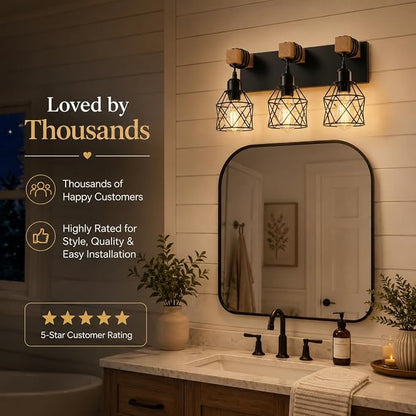 Farmhouse Vanity Light Fixture,3-Light Bathroom Lighting,Black Industrial Wood Wall Light Over Mirror with Metal Shade,Bulbs NOT Included